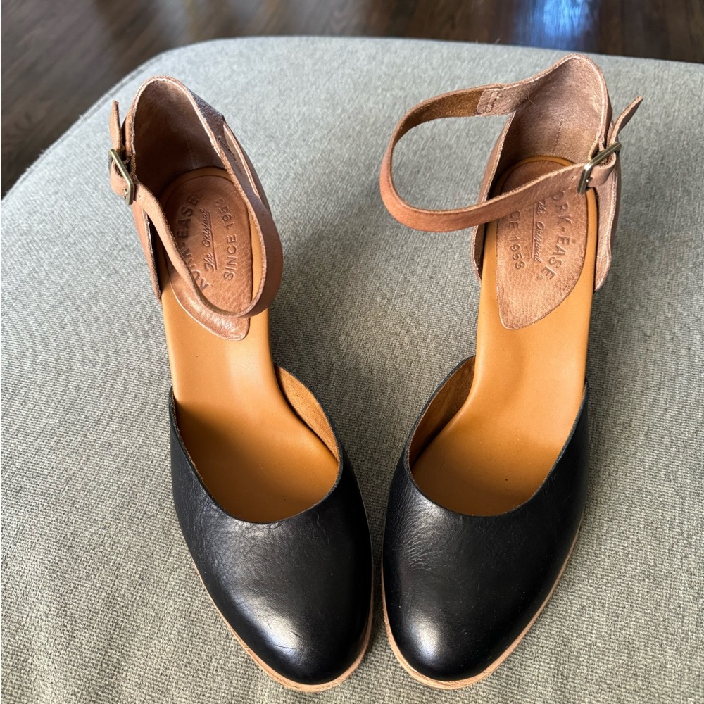 Kork-Ease Black and Brown Leather Ankle-Strap Wedges - Picture 3 of 6